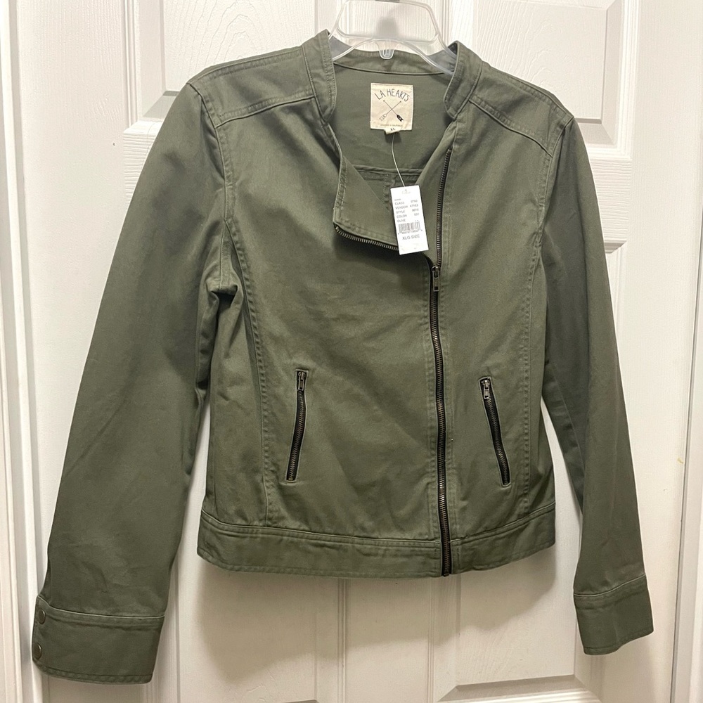 PacSun La Hearts Olive Green Zip Up Moto Jacket. Juniors Sz XL. NWT